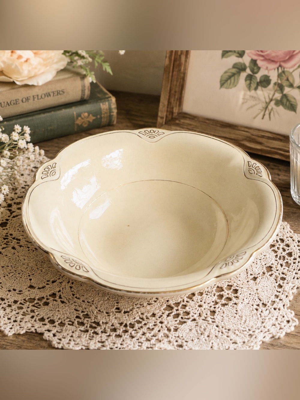 Vintage Homer Laughlin Cream Gold Scalloped Serving Bowl USA C43N6